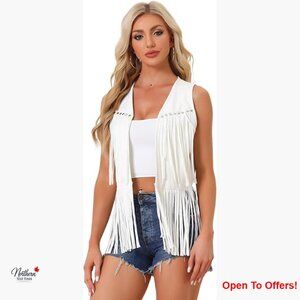 Faux Suede Fringe Vest Open Front Western Tassel Cardigan